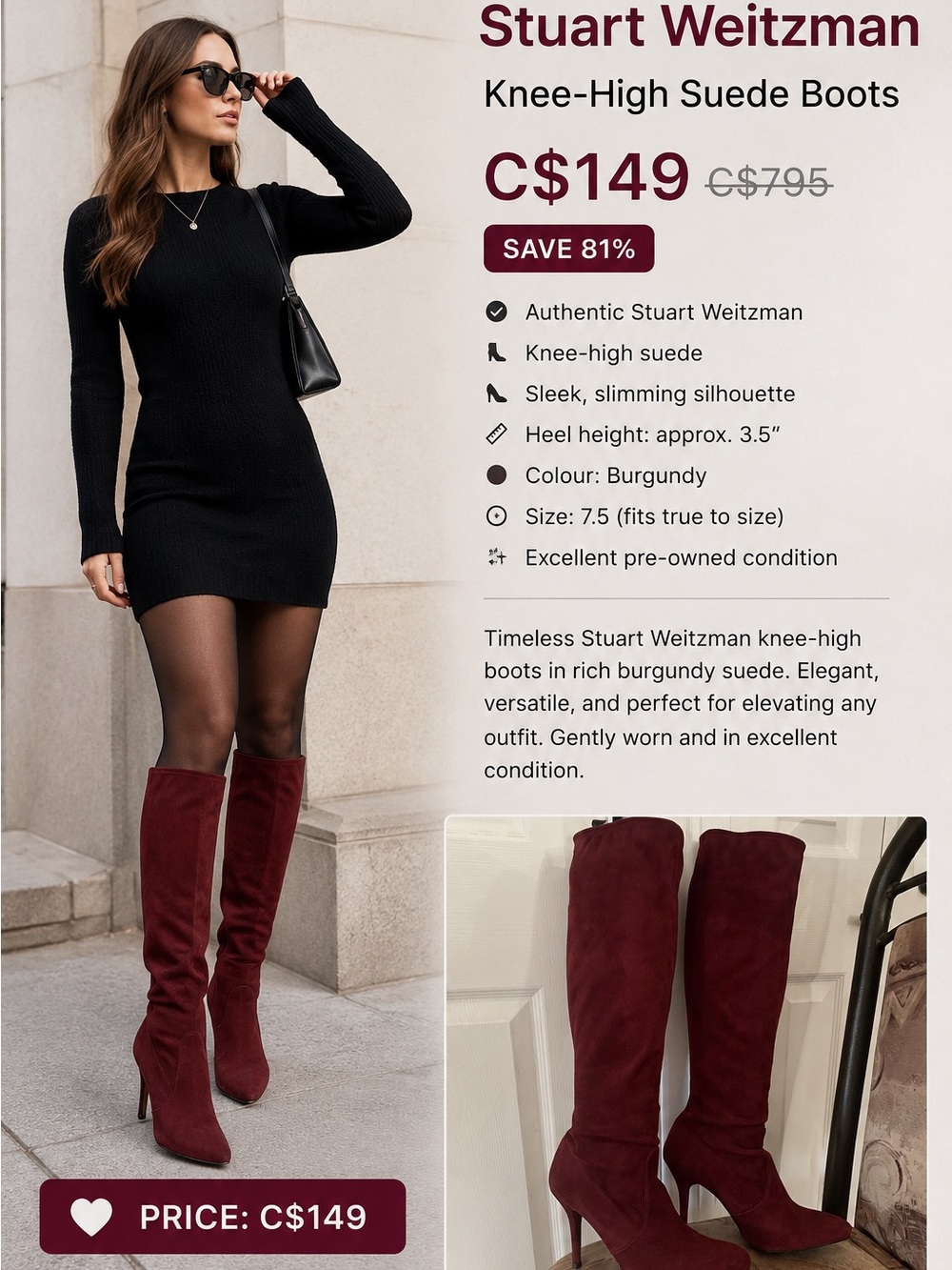 Stuart Weitzman Knee-High Suede Boots in Burgundy